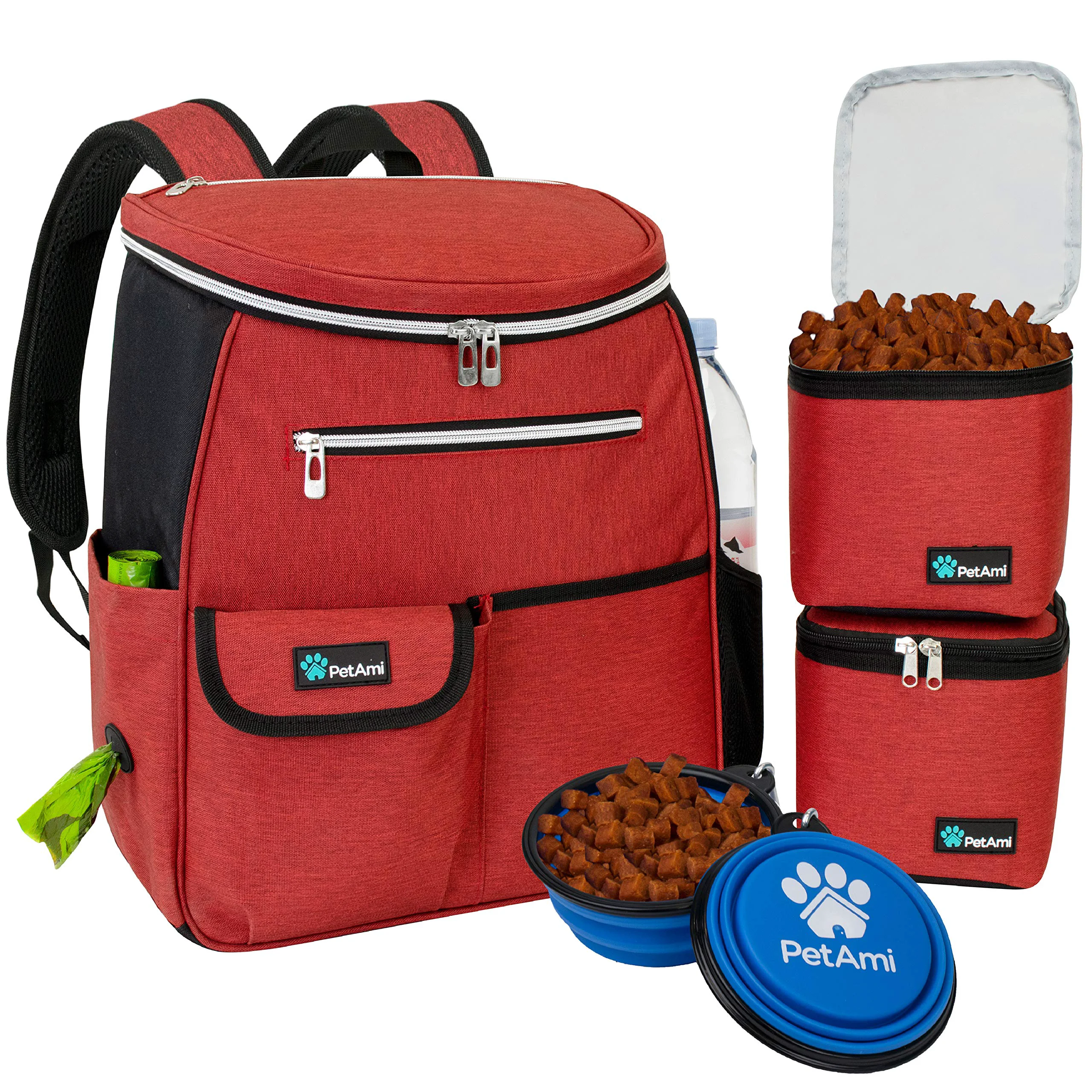 Casual PetAmi Dog Travel Bag Backpack – Airline 27L with Food Containers Collapsible Bowls Red Authentic
