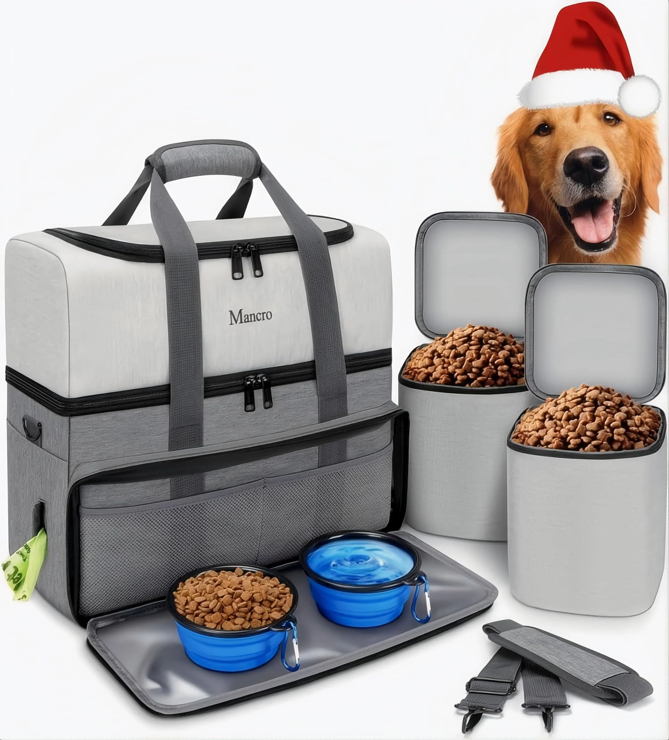Outstanding Mancro Dual-Layer Dog Travel Bag with 2 Extra-Large Food Containers 2 Collapsible Bowls Authentic