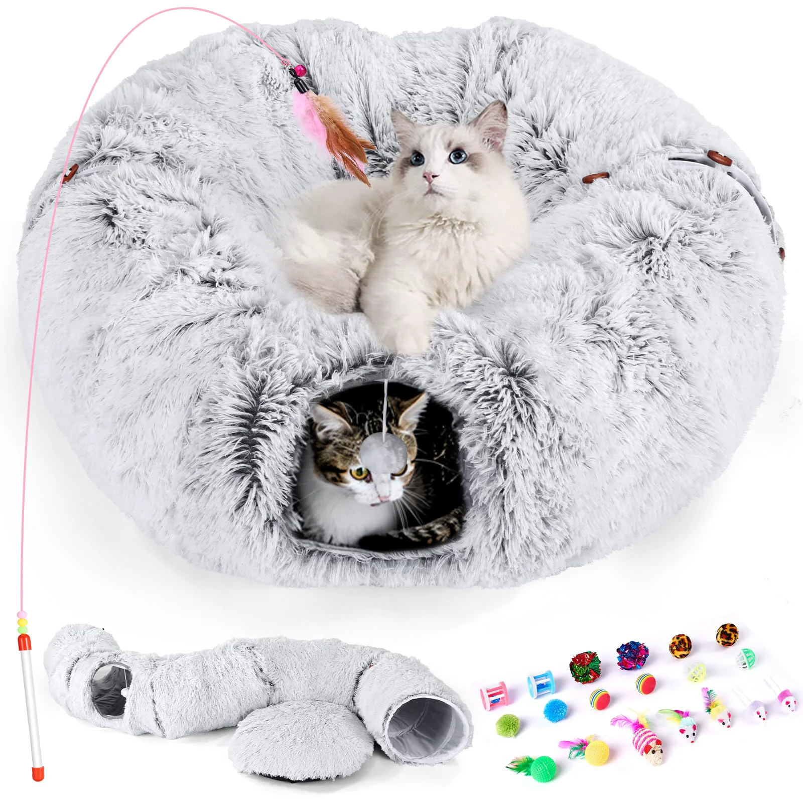Luxury Odoland Cat Tunnel Bed with 20 Toys – 2-in-1 Plush Donut Tunnel Soft Cat Bed Selected