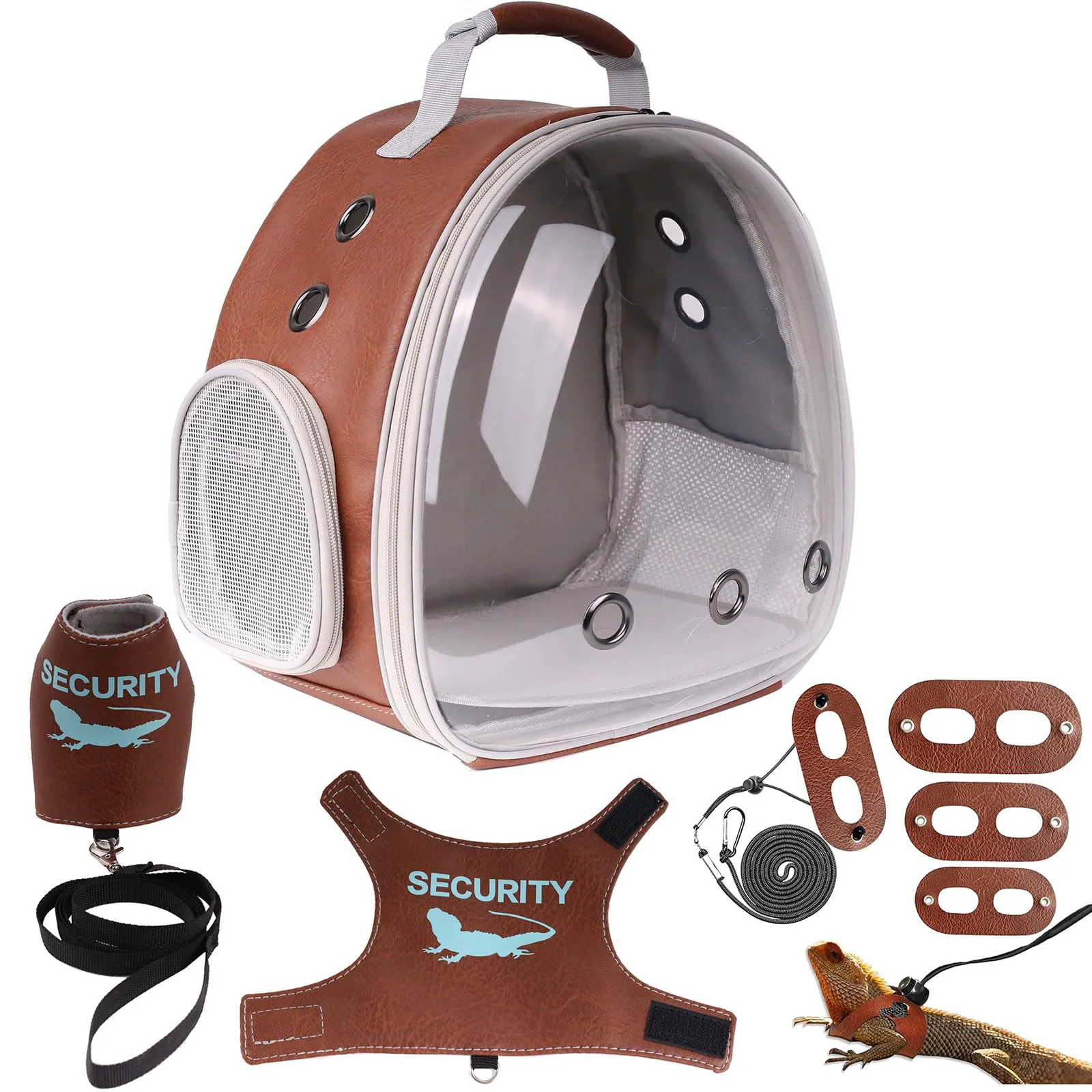 High-Quality Halinfer Bearded Dragon Carrier Backpack with Security Harnesses – Ventilated Reptile Travel Bag Brown PU Leather Smooth