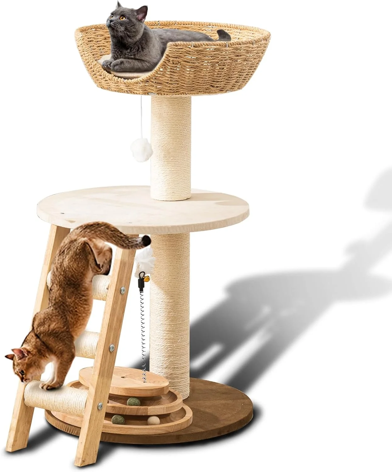 Smart Natural Wood Modern Cat Tree with Top Cats Bed Unique Cute Cats Furniture Activity Centre with Sisal Rope Scratching Posts Cats Tower Condo with Interactive Cat Toy Tree Superior