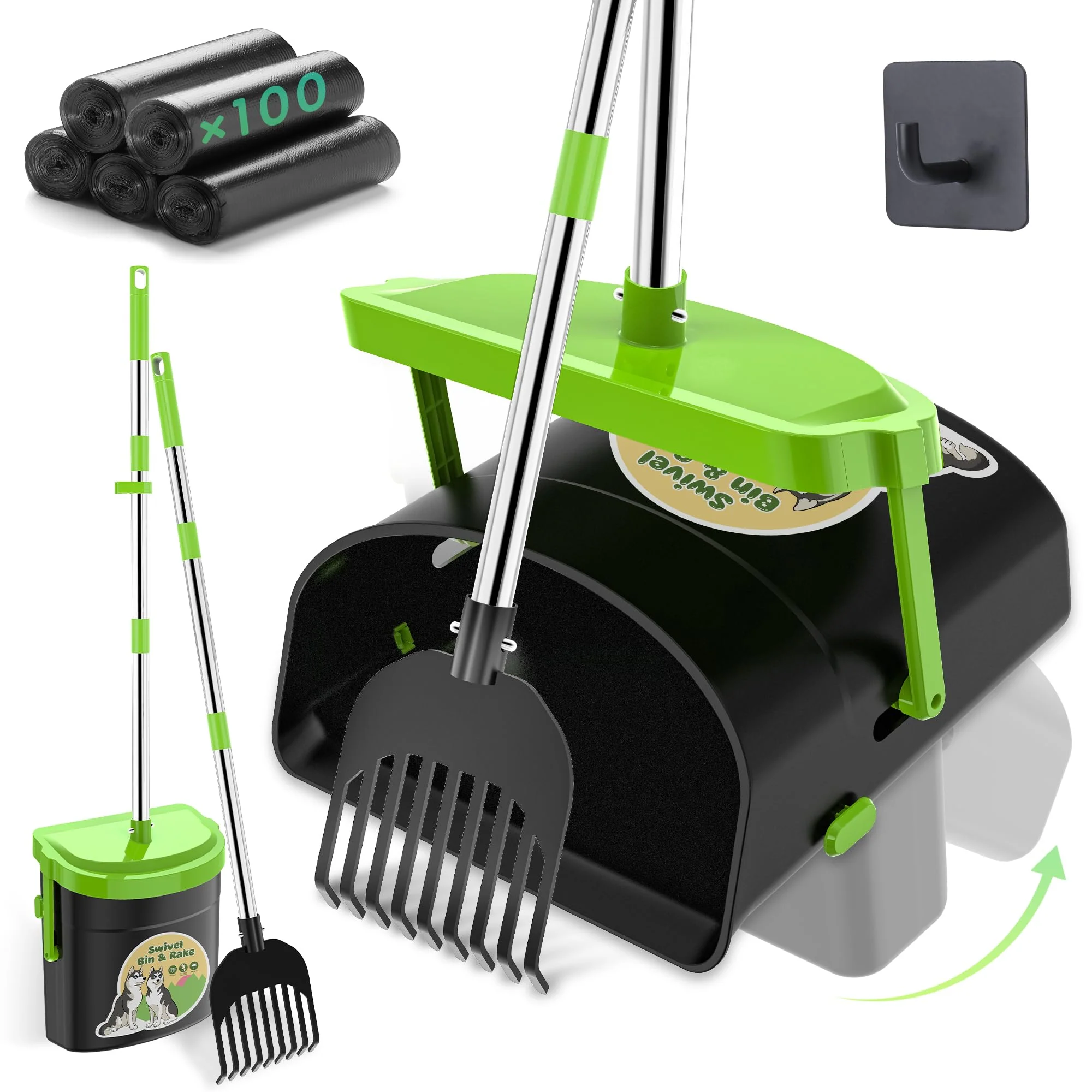 Eco-Friendly UPSKY Dog Pooper Scooper Swivel Bin Rake Kit — 33.4 Stainless Steel Odor-Proof Lid 100 Bags Stylish