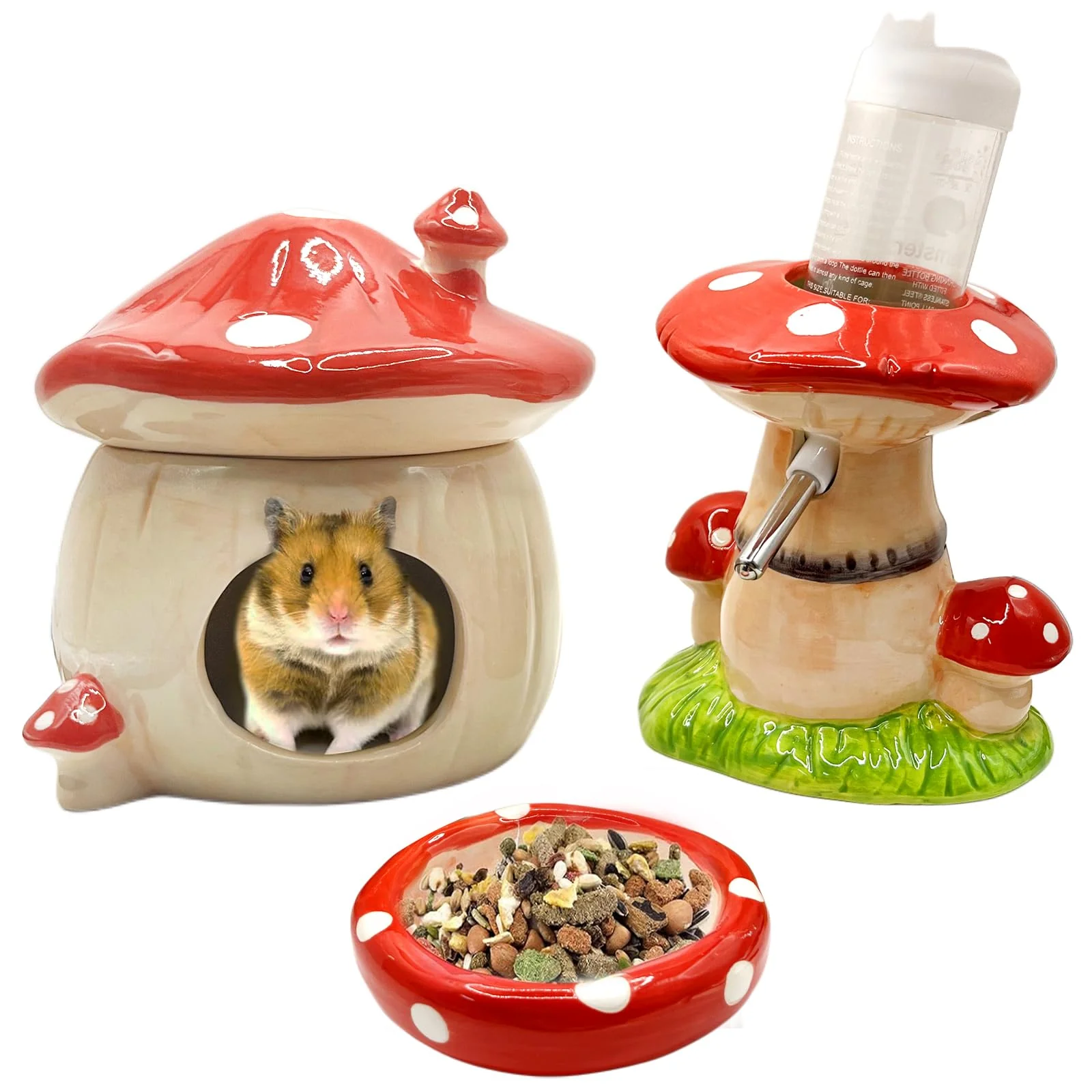 Healthy BELEATAL Mushroom Ceramic Hamster Hideout Kit with Water Bottle Food Bowl – Red Detailed