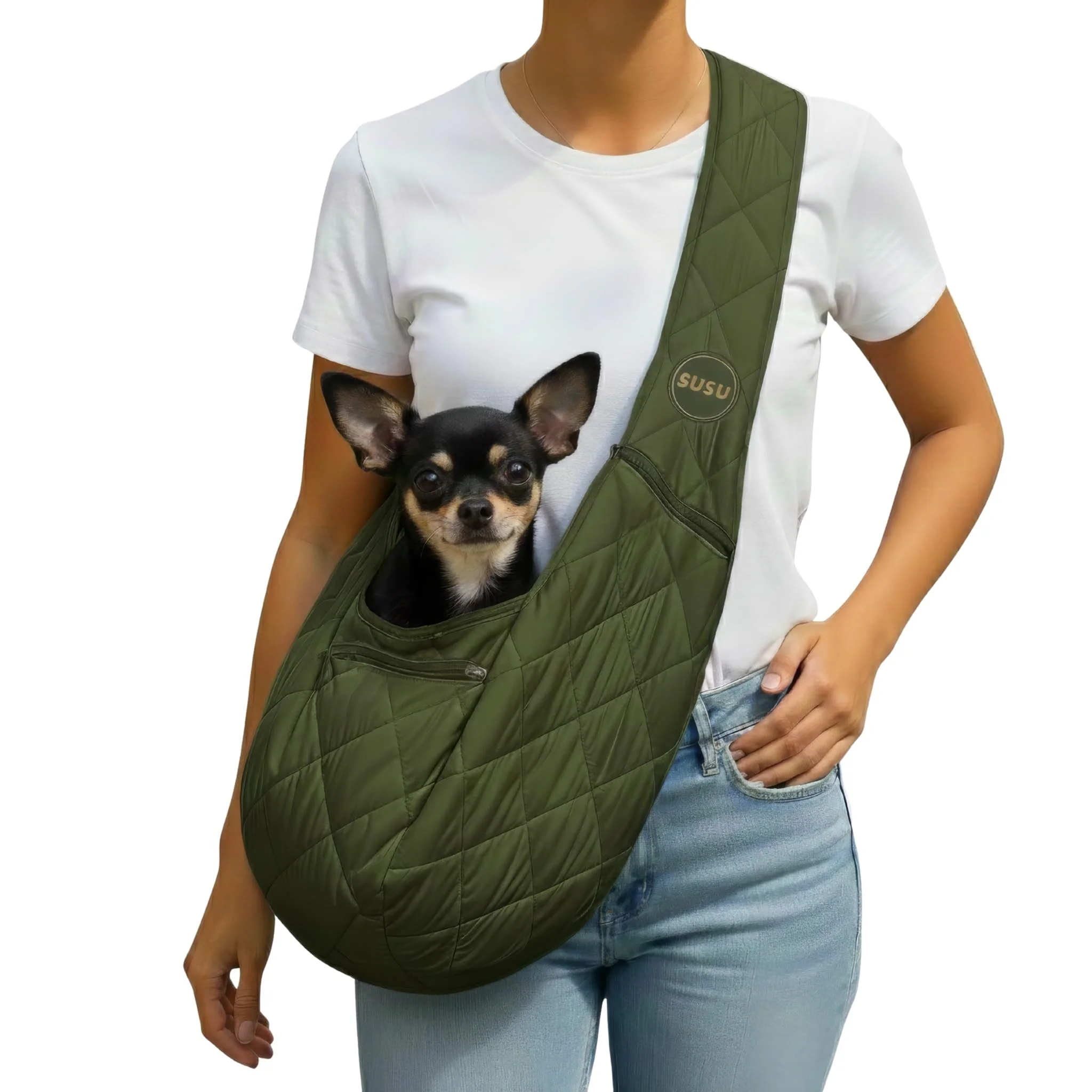 Smart SUSU PET CO. Olive Green Small Dog Carrier Sling — 2-in-1 Hands- Carrier for Toy Dogs 3-8 lb Elegant