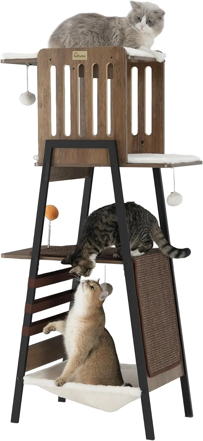 Secure FourFurPets Modern Cat Tree 58-Inch Cat Tower for Large Cats Maine Coon Cat Tree with Scratching Board Large Perch Hammock and Removable Pads Greige Easy-to-Use