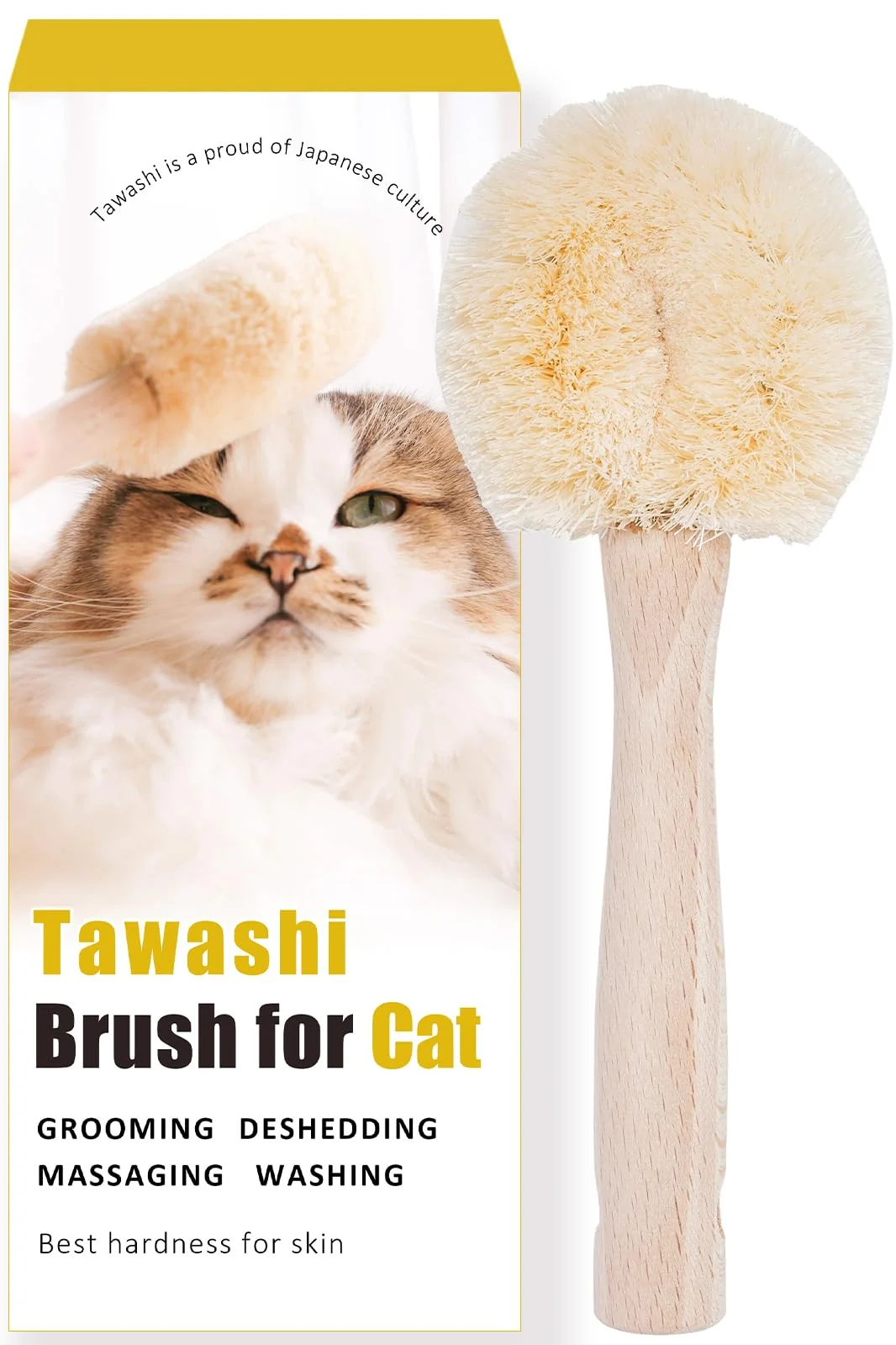 Certified Wablade Relaxing Cat Grooming Massage Brush Type-A – Gentle Natural Tawashi Brush for Sensitive Cats Made in Japan High-End