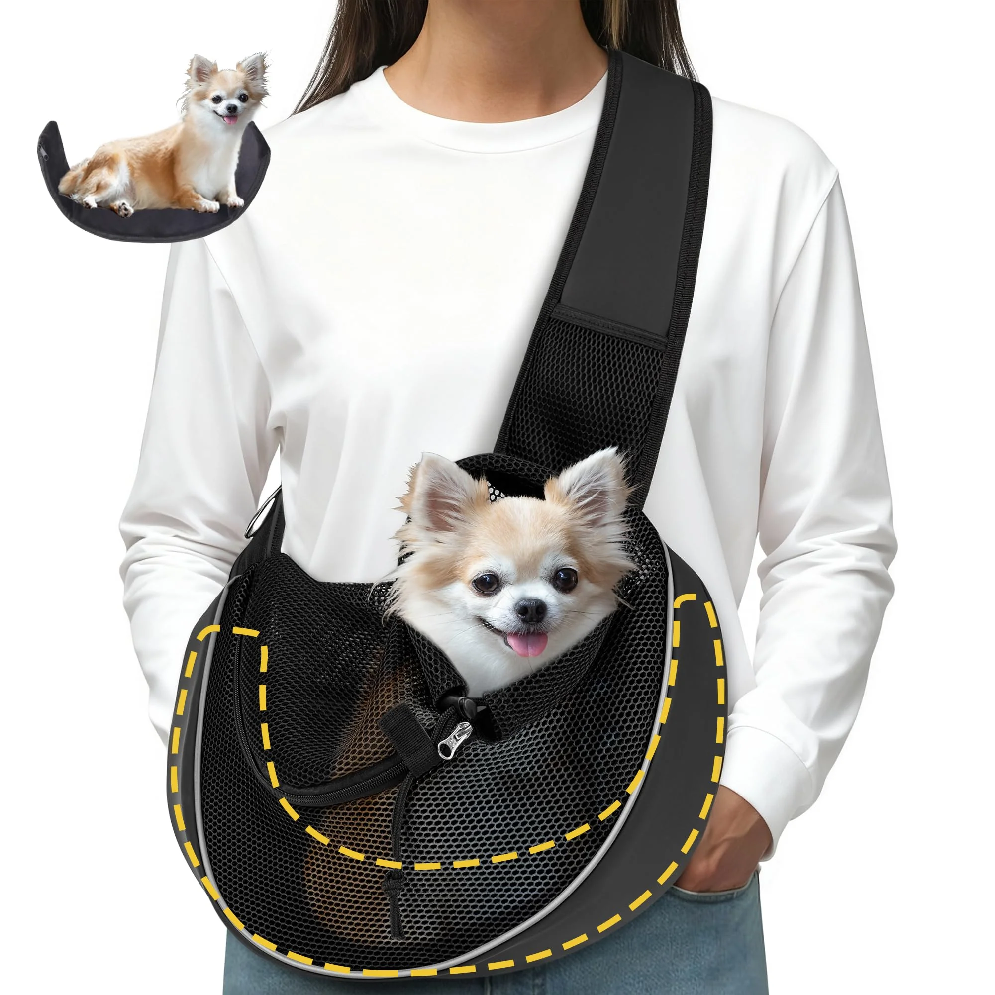 Flexible WOYYHO Dog Sling for Small Dogs Cats Up to 10 lbs Detachable Bottom Breathable Mesh Adjustable Straps Hands- Carrier Black Size M Trendy