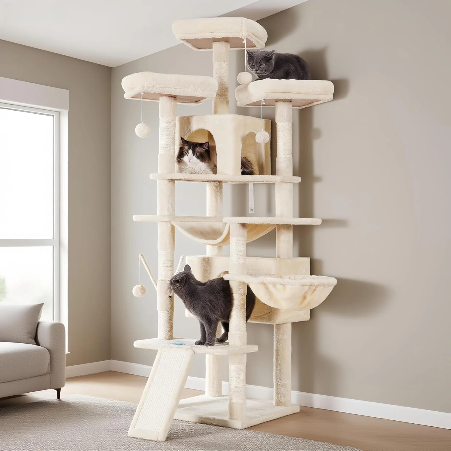 User-Friendly Hey-brother Cat Tree 71 inches XL Large Cat Tower for Indoor Cats Multi-Level Cat House with 3 Padded Perches Big Scratcher Cozy Basket 2 Cat Condos and Scratching Posts Beige MPJ034M Convenient
