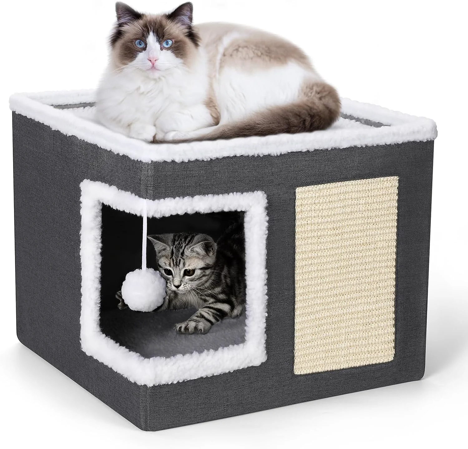 Original petizer Cat Bed for Indoor Cats Large Covered Cat House with Scratch Pad Foldable Cat Cave Bed Hideaway Cube with Reversible Cushions Cute Cat Condo for Multi Small Pet Kitten Dark Grey Pure