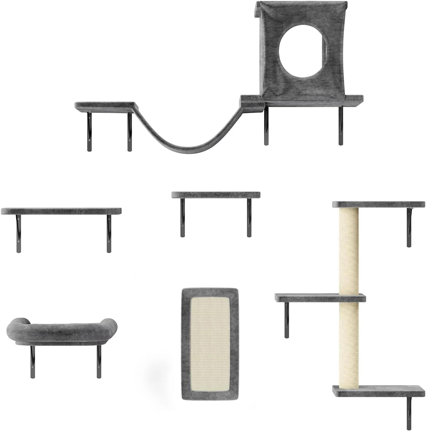 Elegant NUNU LAB Cat Wall Shelves 6 Pcs Luxury Wall-Mounted Cat Climber Set Indoor Cat Furniture with 1 Condos House 2 Cat Wall Shelves 1 Scratching 1 Bridge Ladder 1 Scratching Pad Dark Gray High-Grade