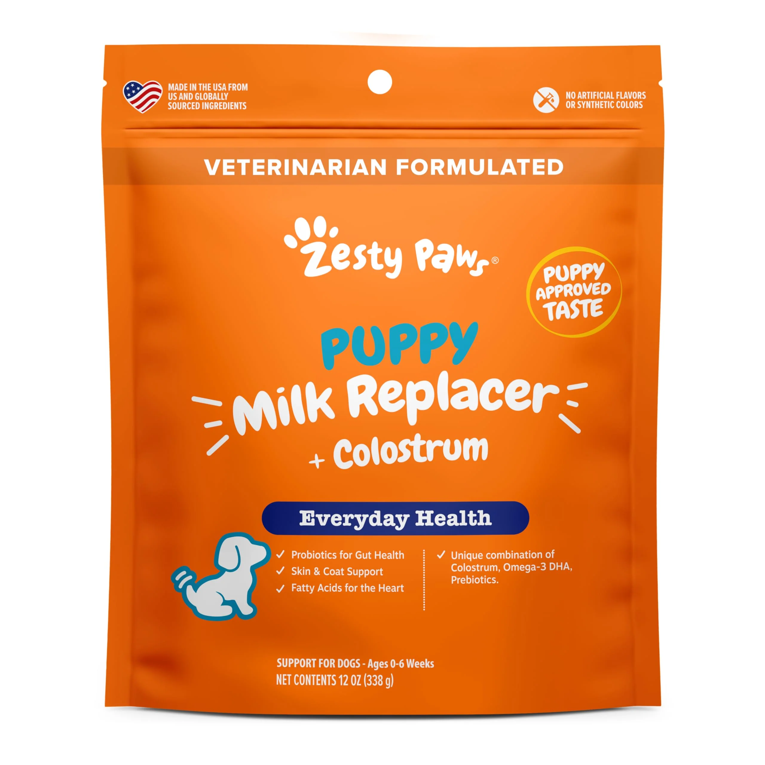 Eco-Friendly Zesty Paws Puppy Milk Replacer Colostrum – 12 oz Omega-3 DHA Prebiotics Probiotics for Skin Coat Heart Gut Health Advanced