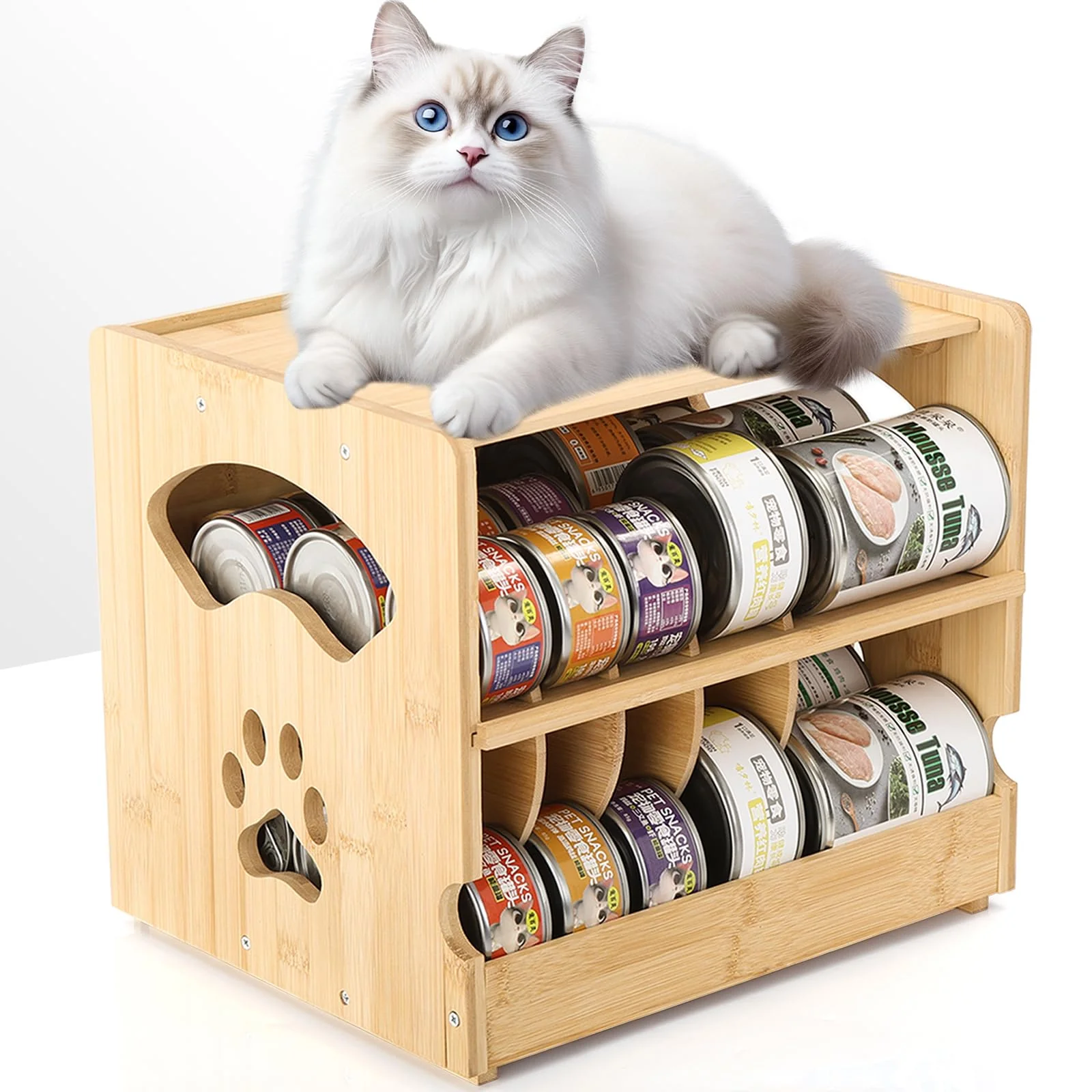 Eco-Friendly HOSASSPER Upgraded Bamboo Cat Food Can Organizer – FIFO Pantry Rack Holds 42 Cans Original