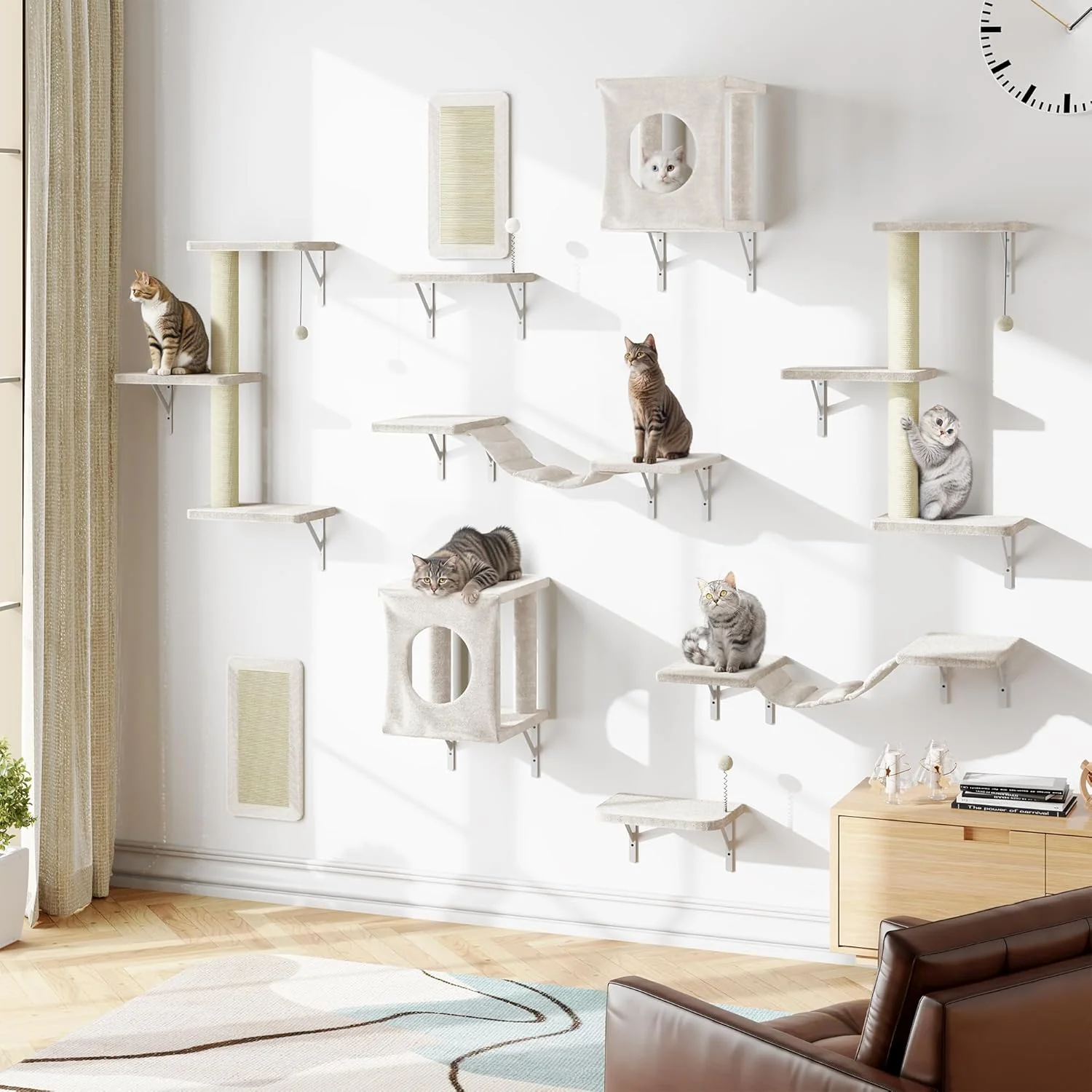 Breathable NUNU LAB Cat Wall Shelves 10-in-1 Wall-Mounted Cat Furniture Set Large Cat Climber Set with House Bridge Steps Scratcher DIY Playground Shelves for Indoor Wall Furniture Set – Beige Safe
