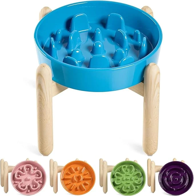Unique LE TAUCI Ceramic Slow Feeder Dog Bowls d 3 Cup Raised Bowl with Wooden Stand for Medium Large Breed Slow Down Eating Puzzle Dog Food Bowl Vortex BlueAbout ThisOverview Original