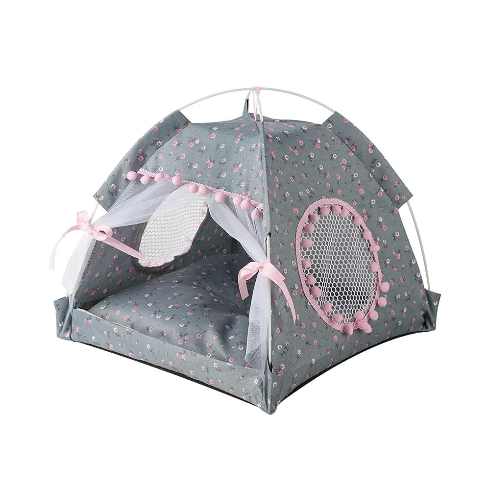 Organic Selena Cat Bed Tent – Lace Mesh Nest Teepe Indoor Outdoor Medium Gray Pink Smooth