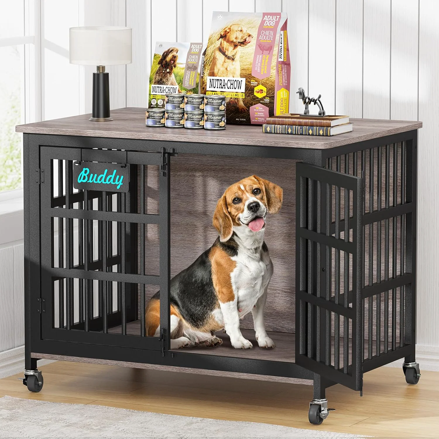 High-Grade EasyCom 41 33 27 Dog Crate Furniture with Name Tag Heavy Duty Dog Kennel Indoor for Medium Dogs Double-Doors Sturdy Metal Dog Cage for Anxiety Dog Decorate House as TV Stand End Table Responsible