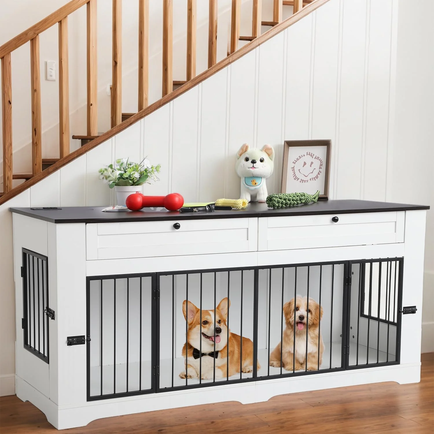 Sophisticated Large Dog Crate Furniture-Decorative Heavy Duty Dog Cage Indoor Wooden Dog Cage End Table with Charging Station Dog House with 2 Drawers White 70.86”L Carefully Designed