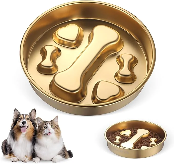 Dependable Golden Stainless Steel Slow Feeder Dog Bowls – Non-Slip Metal Dog Bowl for Large Medium Breeds Puppy Puzzle Feeder – 2 Cup Capacity for Small to Big Pets – Durable Slow Feed Dog Cat Food DishAbout ThisOverview Original Design