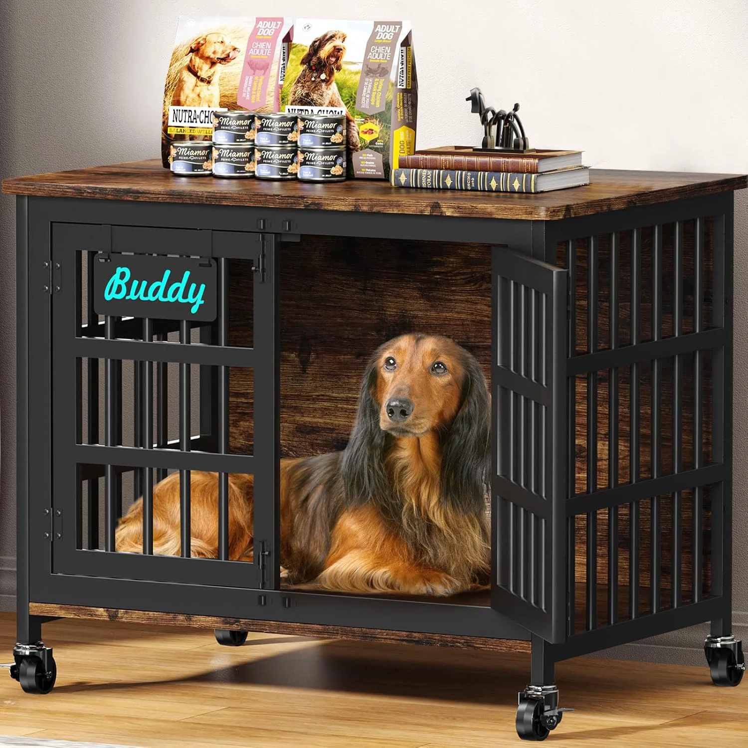 Secure EasyCom 33 27 Dog Crate Furniture with Name Tag Heavy Duty Dog Kennel Indoor for Medium and Small Dogs Double-Doors Sturdy Metal Dog Cage Decorate House as TV Stand End Table Bedside Table Consistent