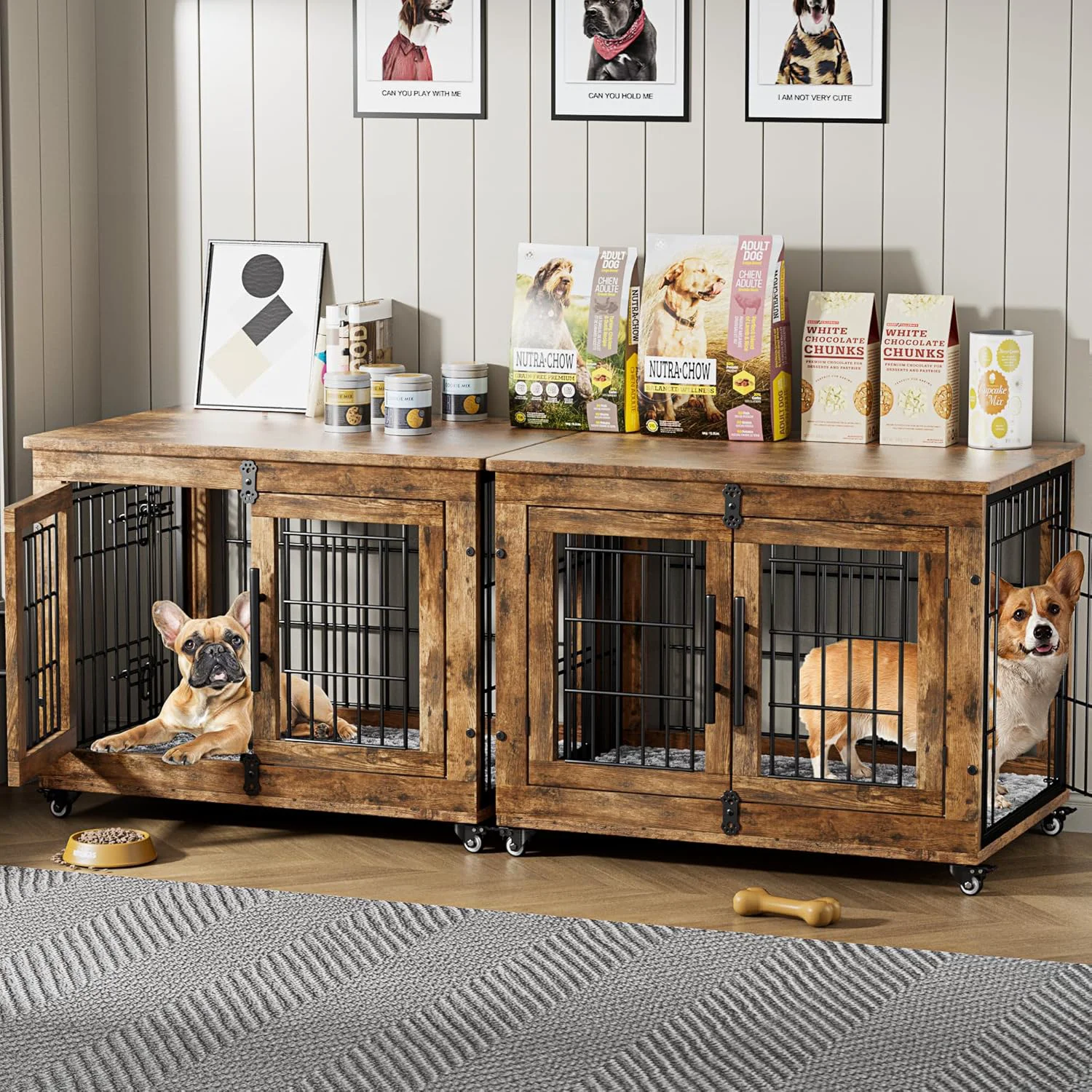 Reliable Lulive Dog Crate Furniture Set of 2 Dog Kennel Indoor Double Doors Wooden Dog Cage 32” Heavy Duty Dog Crate with Cushion Wheels End Table Pet House Chew-Resistant Up to 45 lb Rustic Brown Outstanding