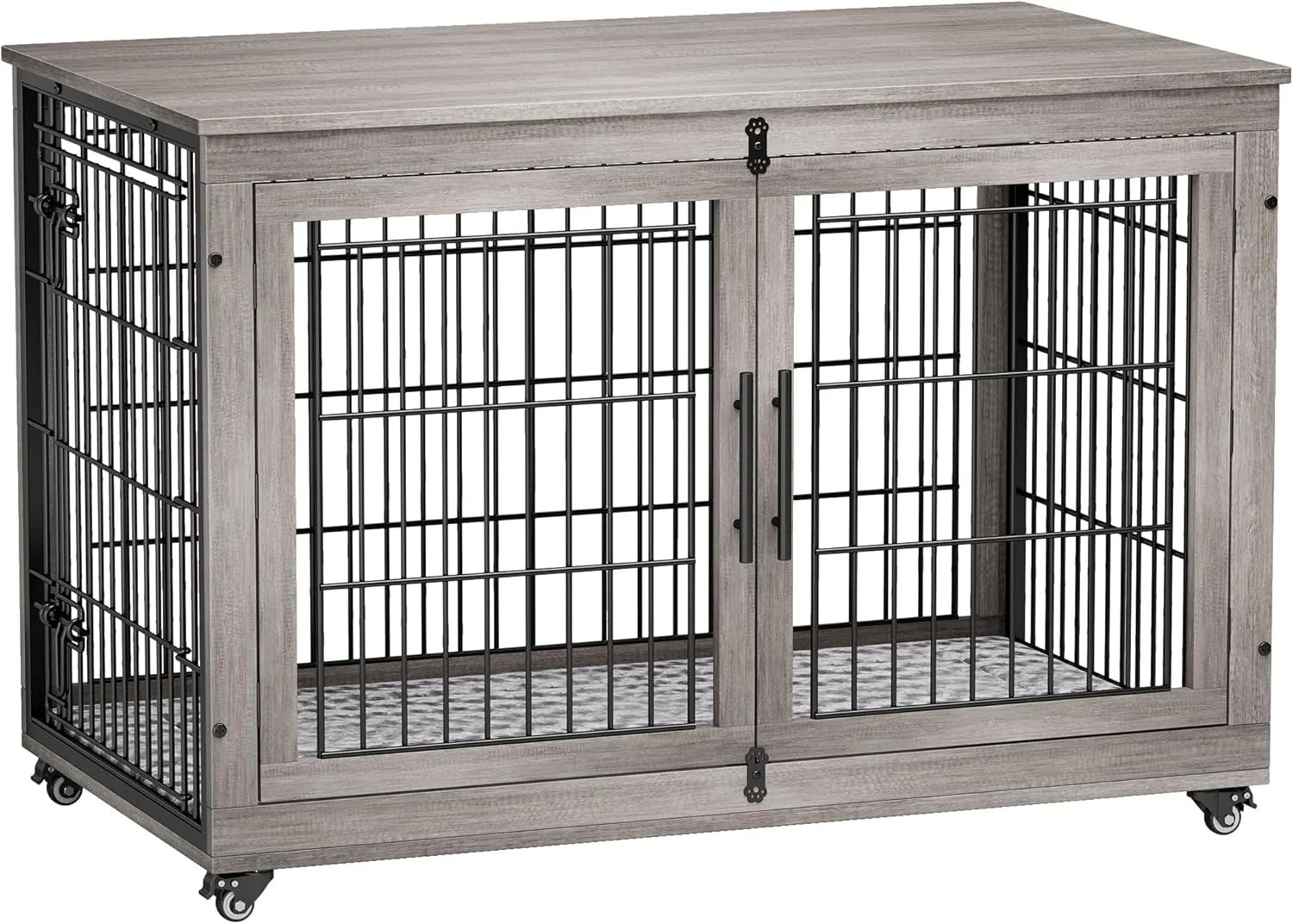 First-Class Lulive Dog Crate Furniture XL Wooden Dog Kennel Indoor Double Doors Dog Cage 44” Heavy Duty Dog Crate with Cushion Wheels Decorative End Table Chew-Resistant for Extra Large Medium Grey Dependable