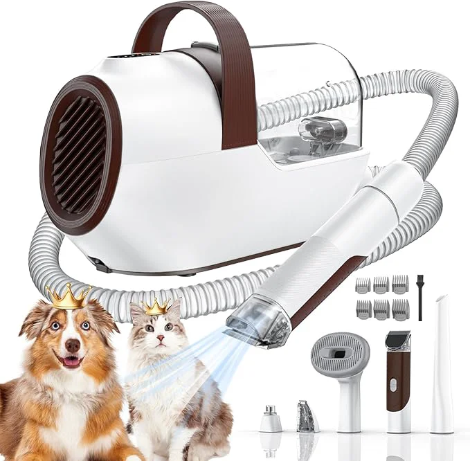 Functional Dog Grooming Vacuum Dog Grooming Kit with Pet Clipper Nail Grinder 3 Suction Modes Dog Brush Vacuum with 6 Pet Grooming Tools Camel Reusable
