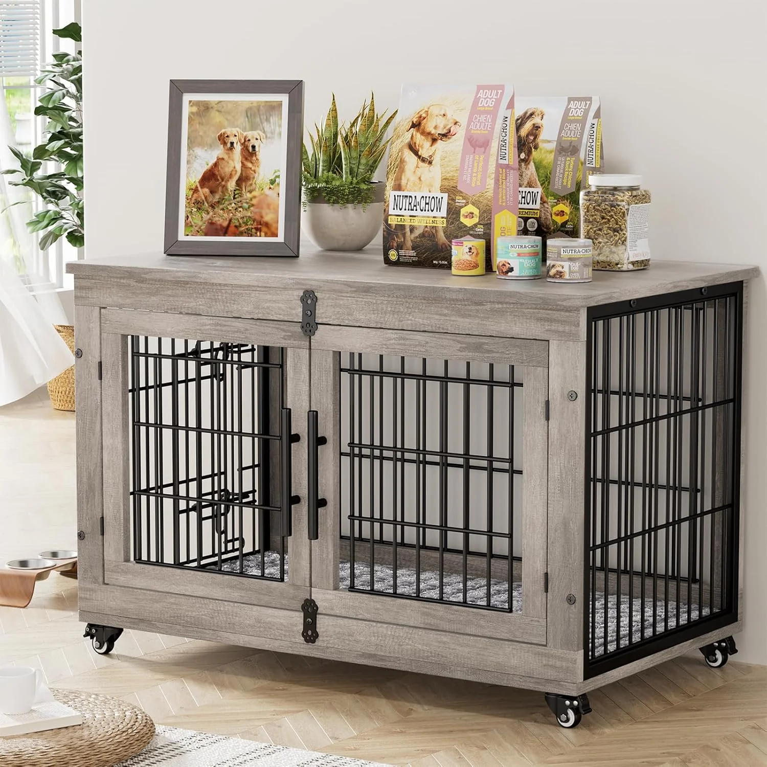 Trendy Lulive Large Dog Crate Furniture 38” Wooden Dog Crate End Table Double Door Dog Kennel Indoor with Cushion Wheels Decorative Dog Cage House Chew-Resistant for Large Medium Grey Healthy