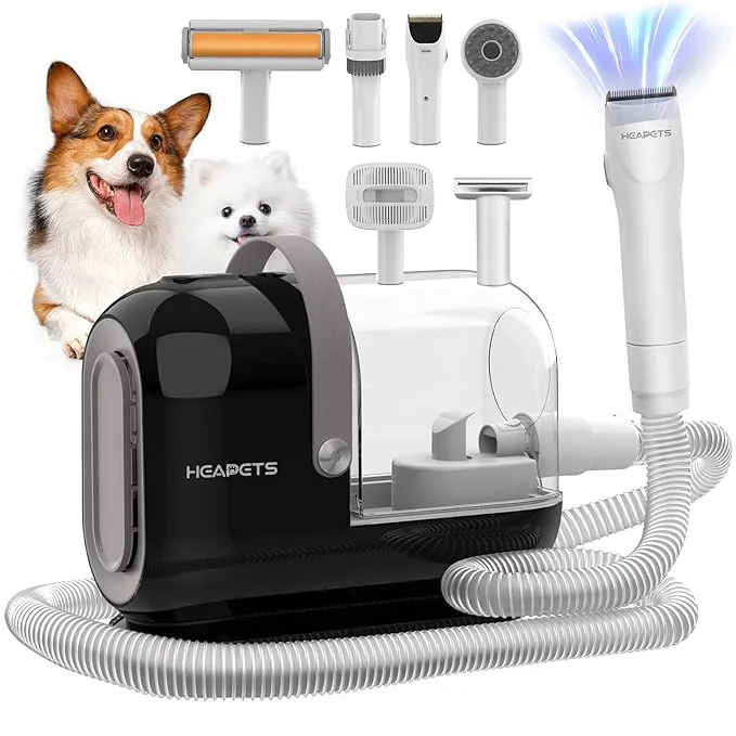 Luxury Dog Grooming Vacuum Kit – 3L Vacuum with 7 Tools Low Noise Electric Clipper and Brush for Pet Shedding at Home Black Powerful