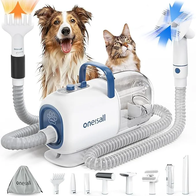 Pure oneisall Dog Vacuum Dryer for Shedding Grooming 8 in 1 Dog Grooming Kit with Metal Blade Pet Clippers Adjustable Speed and Temperature Control BlowerAbout ThisOverview Fine