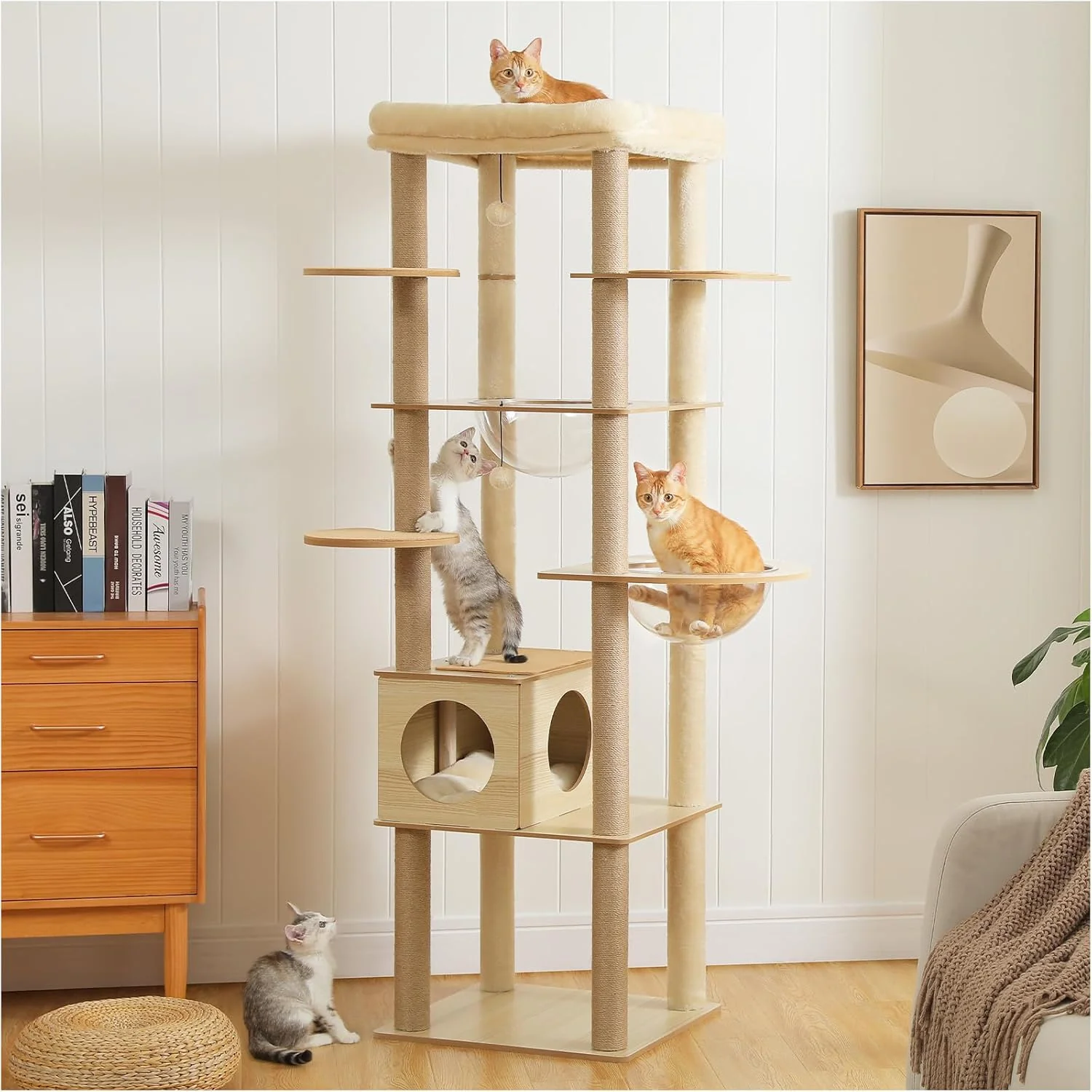 Specialty 71 Tall Wood Cat Tree for Large Cats Modern Cat Tower with 2 Acrylic Bowls Large Top Perch Spacious Cat Cave Soft Cushion Included 10 Sisal Scratching Posts and Non-Slip Jump Platforms World-Class