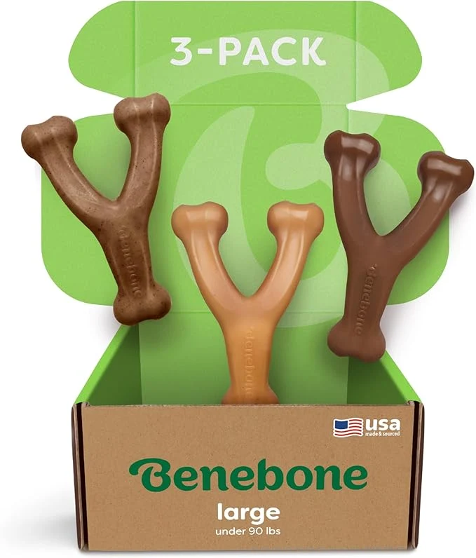 Solid Large 3-Pack Benebone Wishbone Durable Dog Chew Toy for Aggressive Chewers Bacon Chicken Peanut Butter Made in USA Variety PackAbout This Responsible