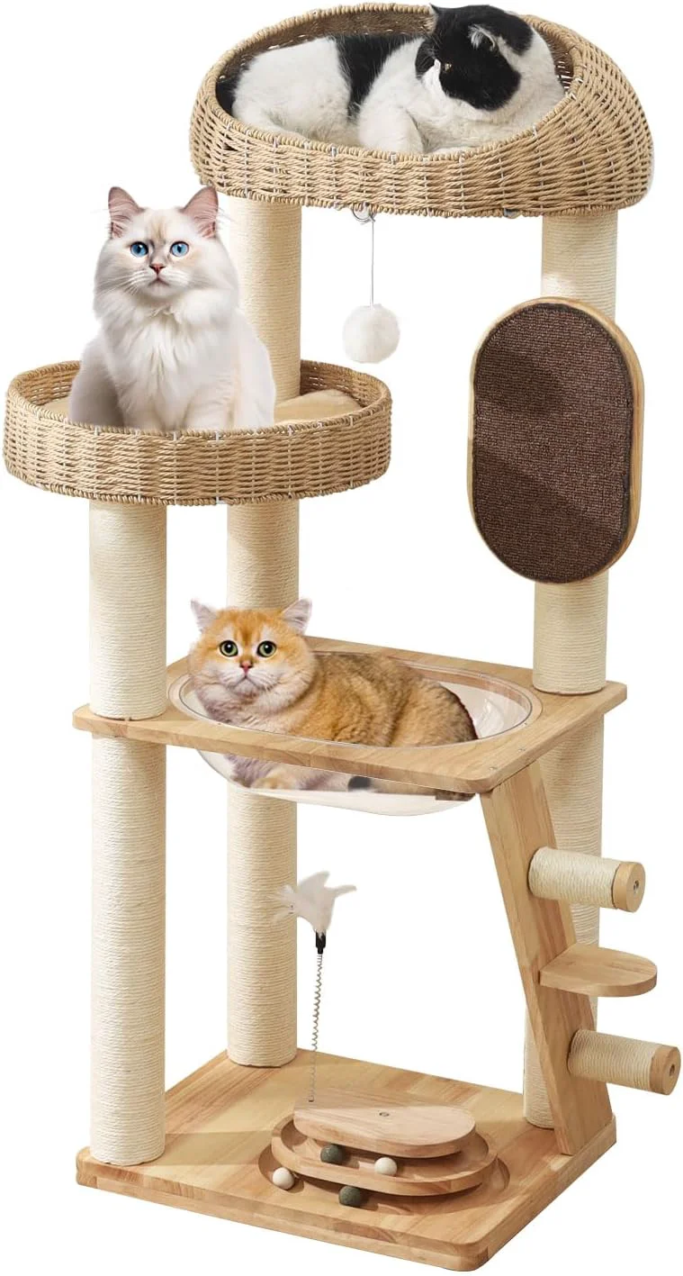 Expertly Made Solid Wood Cat Tree 50 Inch Modern Cat Tower with Space Capsule Hand-Woven Basket Nest Sisal Posts Scratching Board Heavy-Duty Multi-Level Indoor Tower Exclusive