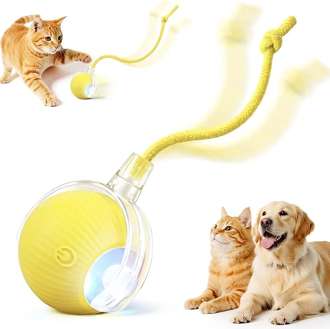 Dependable Interactive Electric Automatic Rolling Moving USB Rechargeable Self Activated Play Stimulation Toy Smart Chase Teaser Ball with Speedy Tail Rope for Bored Adult Indoor Cats and Dogs YellowAbout This Expertly Made