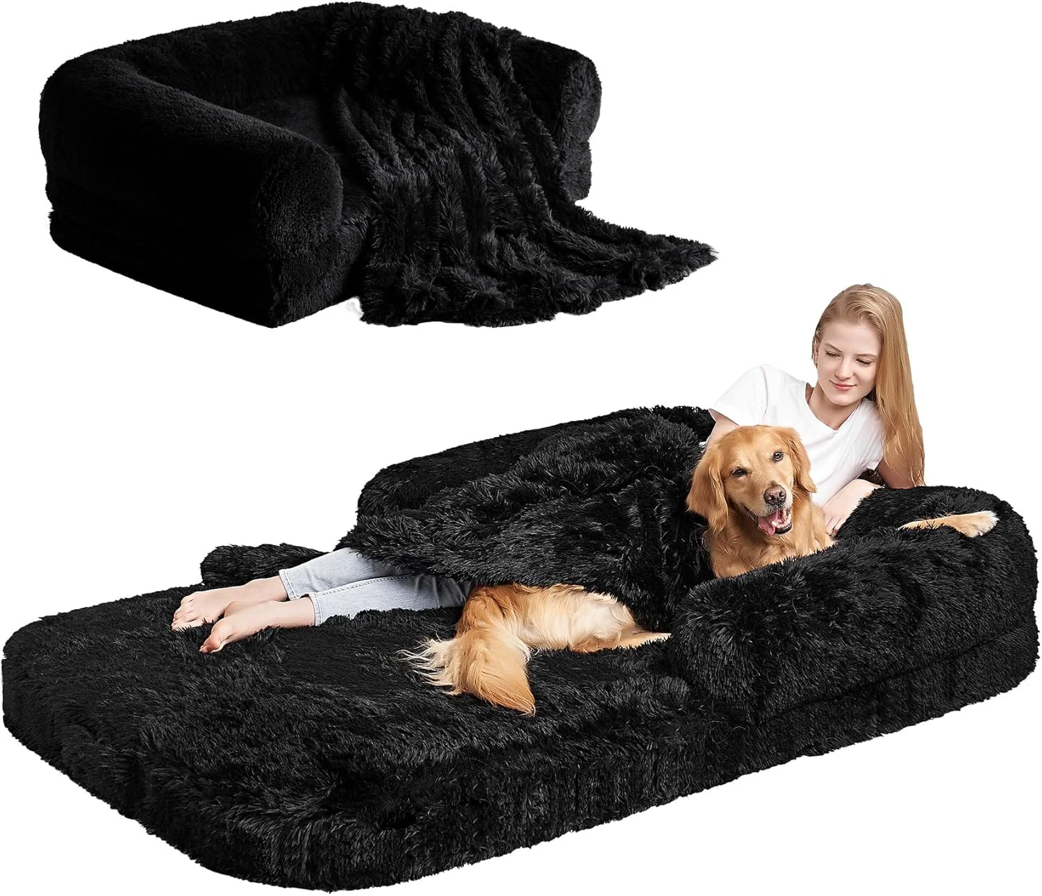 Exclusive EHEYCIGA Foldable Human Dog Bed Orthopedic Memory Foam Human Sized Dog Bed Waterproof Pet Bed for People Faux Fur Pet Couch for Adult Black 72 x44 x11 Organic