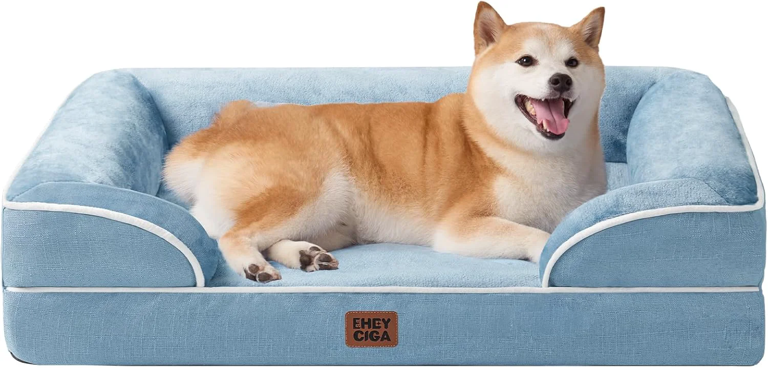 Prestigious EHEYCIGA Orthopedic Dog Beds for Large Dogs Waterproof Memory Foam Large Dog Bed with Sides Non-Slip Bottom and Egg-Crate Foam Pet Couch Bed with Washable Removable Cover Washed Blue Recyclable