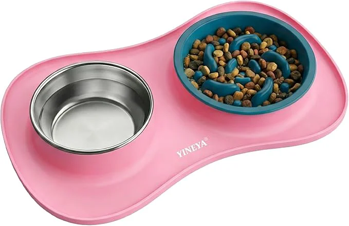 Casual Slow Feeder Dog Bowls Stainless Steel Food and Water Bowl Set 3 in 1 No Spill Waterproof Silicone Pet Food Mat Puppy Feeding Station for Large Medium Small Breed Non Slip Metal Dish Tray by YINEYAAbout ThisOverview Flexible