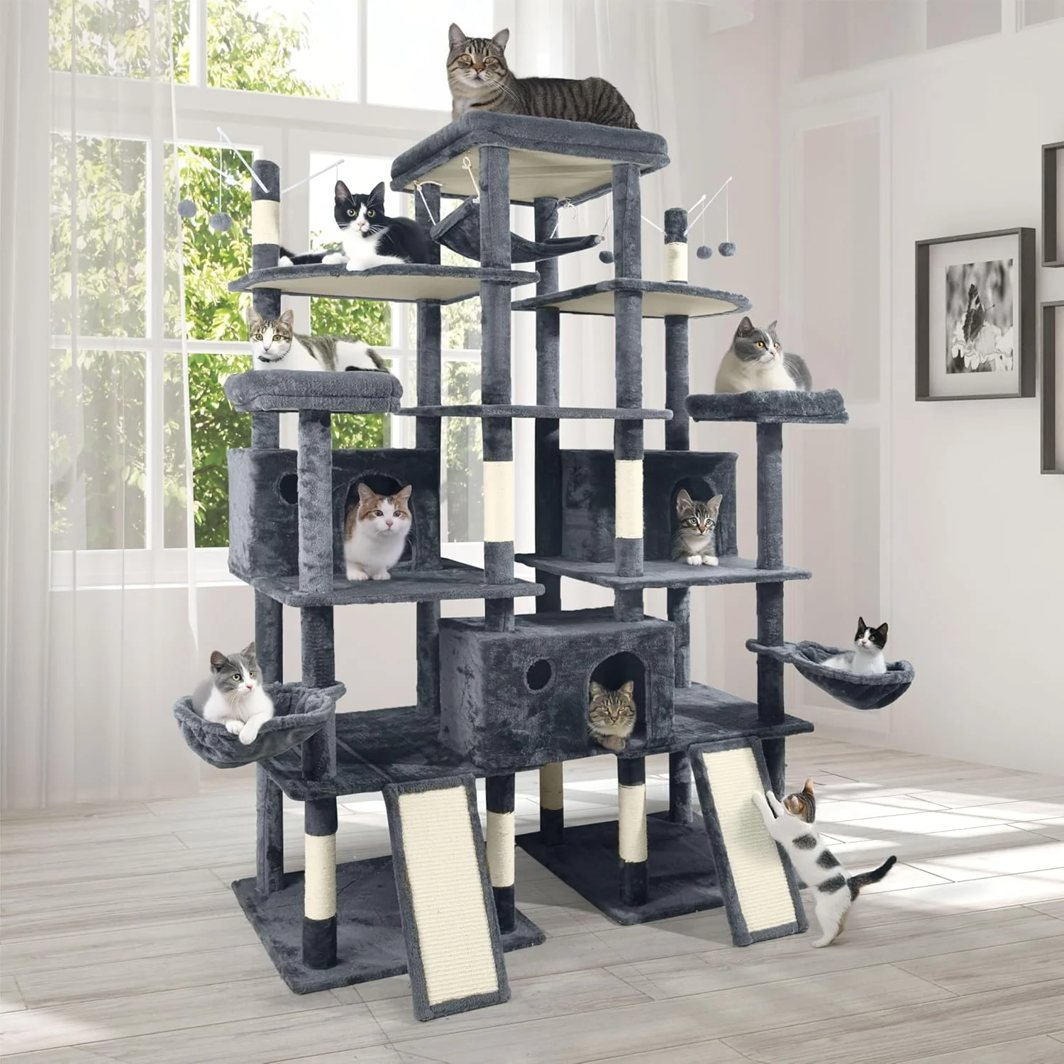 Reusable Extra Large 80-Inch Tall Cat Tree w Widened Perch for Large Cats Big Cat Tower Indoor Modern Multi-Level Activity Tower with Scratching Posts Condos Baskets Hammock Scratching Ramps Organic