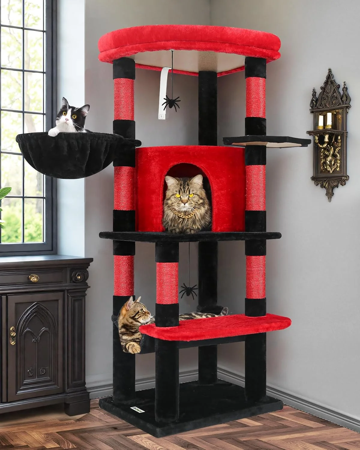 High-Performance Globlazer Gothic Corner Cat Tree Tower with Scratching Post for Indoor Cats 51inch Goth Cat Condo Tower with Large Hammock Fan-Shaped Padded Perch Spacious Cat Cave Hanging Basket C51 Red Black Casual