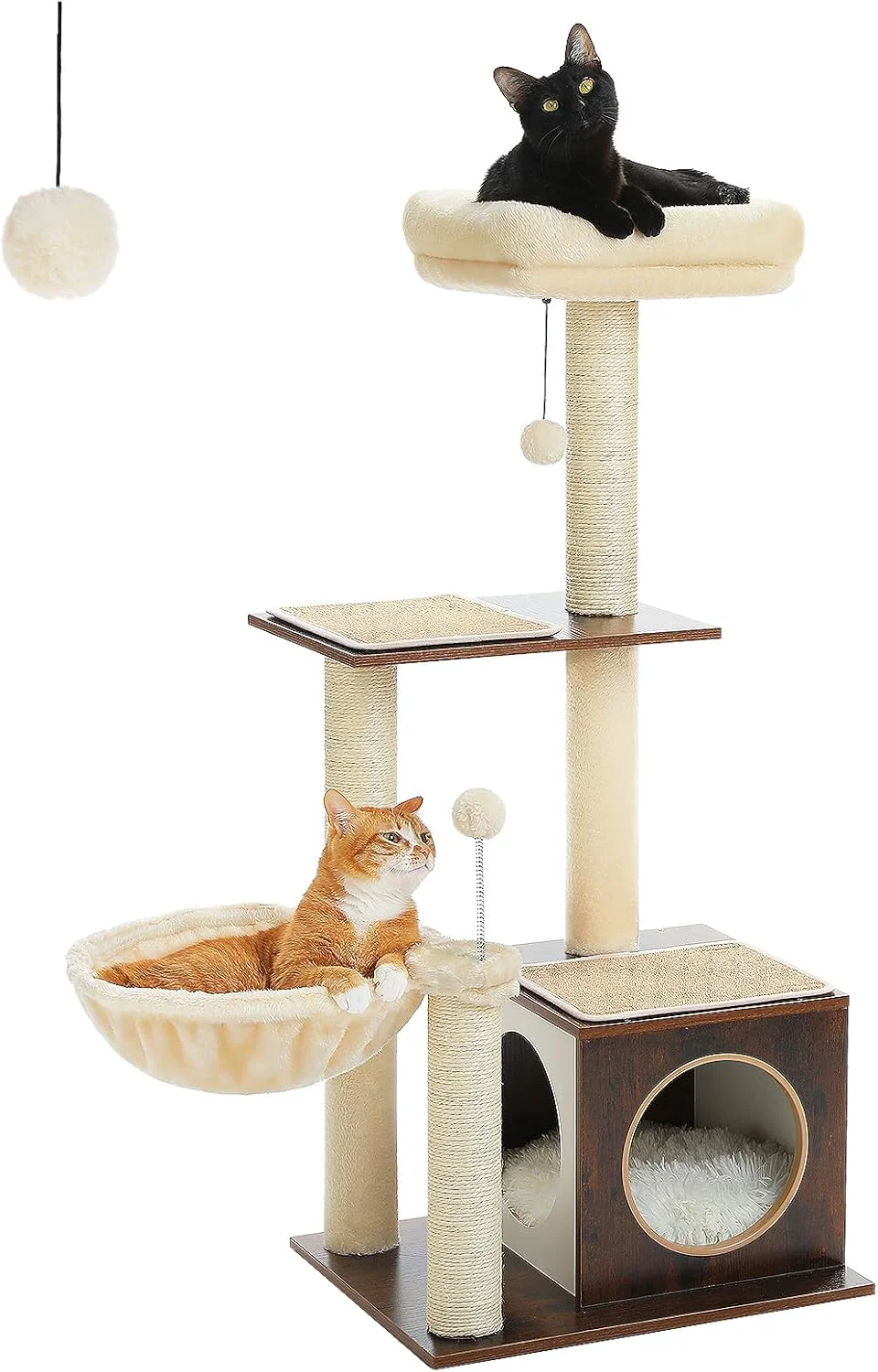 Premium PEQULTI Modern Cat Tree for Indoor Cats Multilevel Play House Cat Tower with Cat Condo Scratching Post Cozy Hammock and Plush Pompom Brown Effective