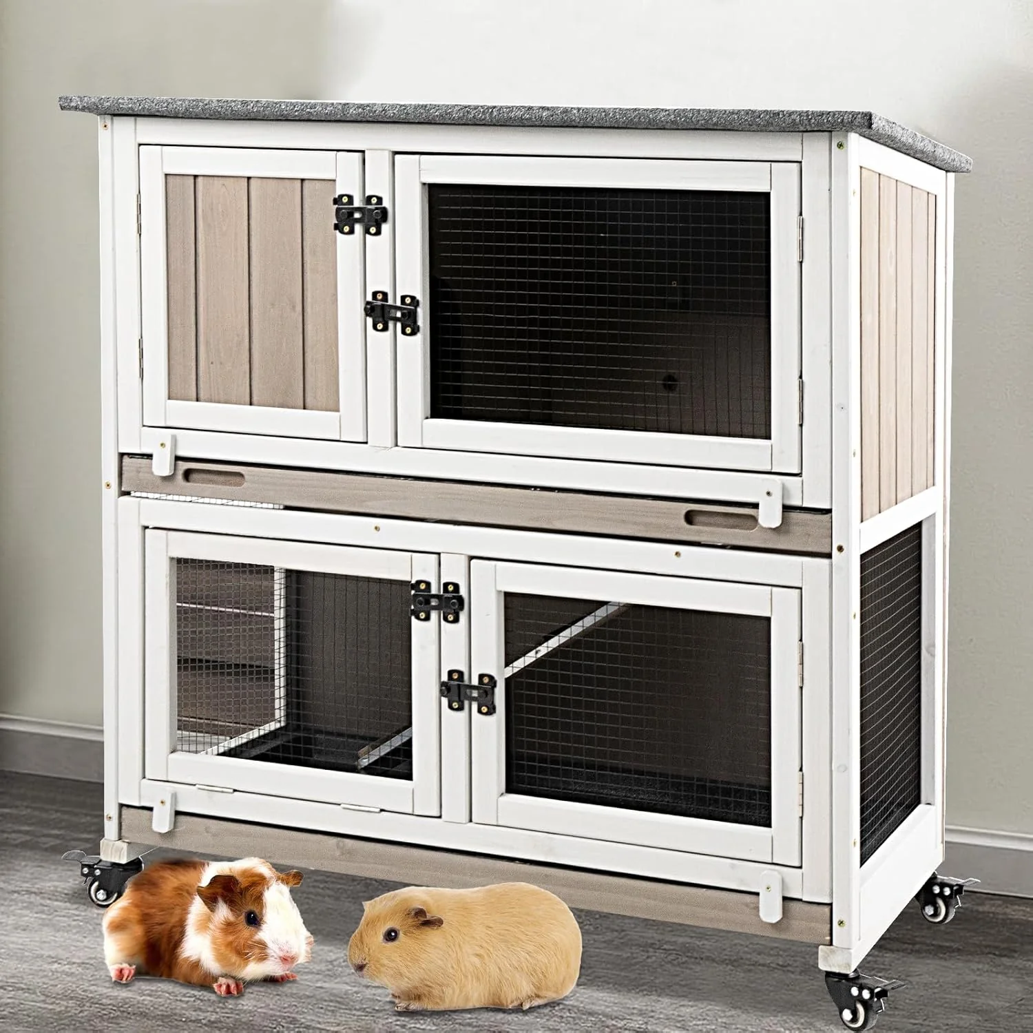 First-Class 36 L Guinea Pig Cages Wooden 2 Story Rabbit Cage Indoor Guinea Pig Habitat on 4 Metal Wheels and 2 Deeper Pull-Out Trays Ramp Leak Proof Guinea Pig Cages Indoor Small Animal Cage Grey Practical