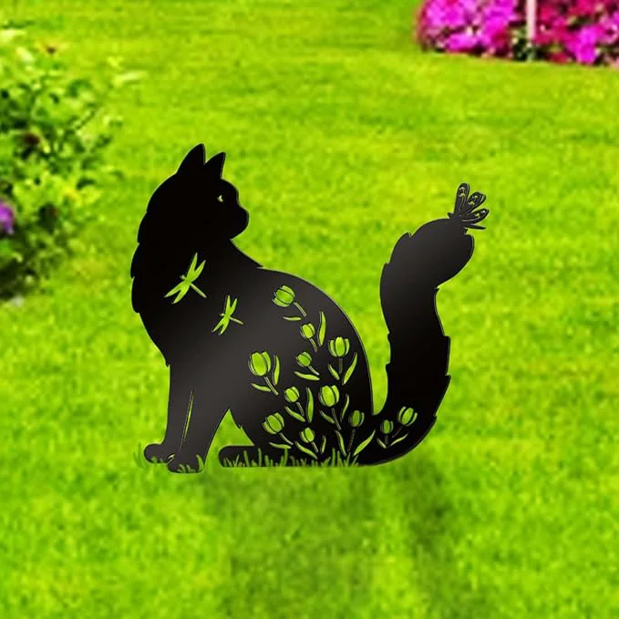 Reliable Bnesi Floral Long-Haired Cat Yard Decor Pet Grave Markers Metal Sign Silhouette Practical