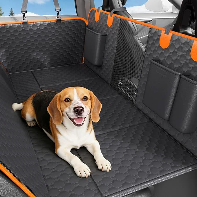 Premium Dog Car Seat Cover for Back Seat Waterproof Oxford Fabric Hard Bottom Back Seat Extender for Dogs Scratchproof Dog Hammock for Car with Mesh Window Fit Most Cars Small Trucks Black OrangeAbout ThisOverview Innovative