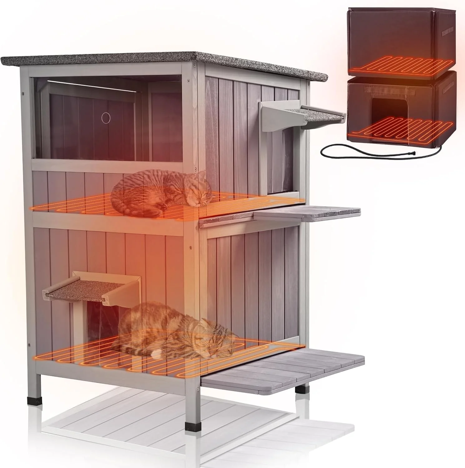 Comfortable GUTINNEEN Outdoor Heated Cat House for Winter Weatherproof Wooden Feral Cat Shelter with Escape Door Heating Pad Removable Mat AIR14-Heated Clean