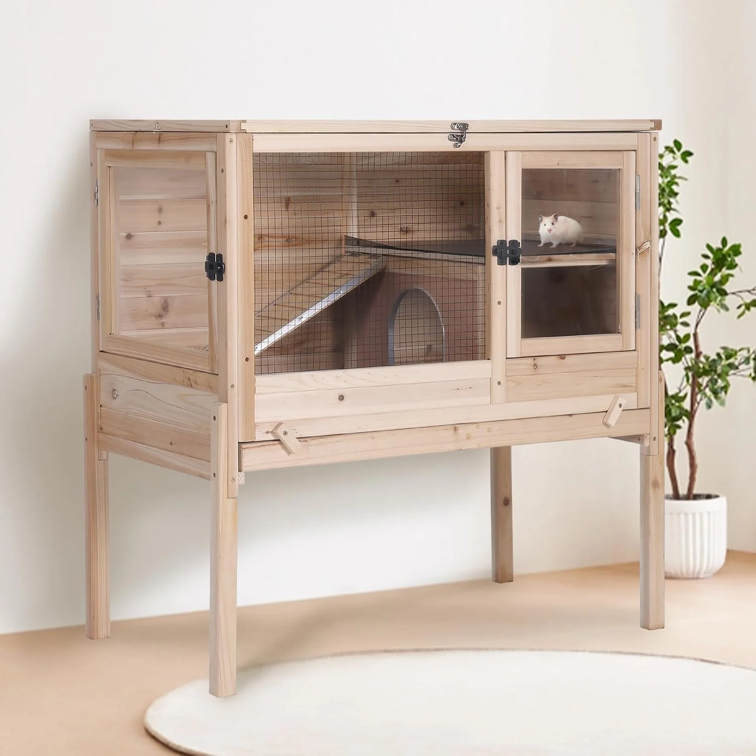 Traditional Guinea Pig Cage with Wooden Stand – Hamster Cage Small Animal Cage Anti Chew Ramp Hideout Platform Pull Out Tray Wood L Exclusive