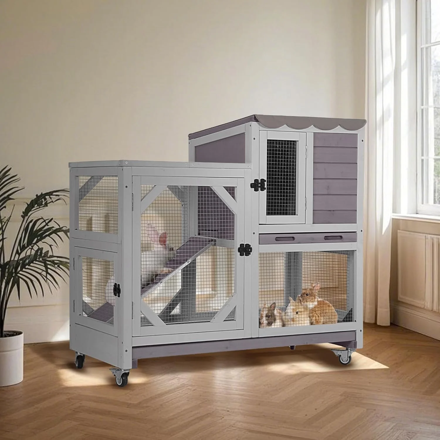 Carefully Designed Rabbit Hutch Indoor for 2-4 Rabbits Guinea Pigs，Bunny Cage with Slide-Out Plastic Trays，Wooden Small Animal Cage for Rabbits Bunnies and Guinea Pigs Modern