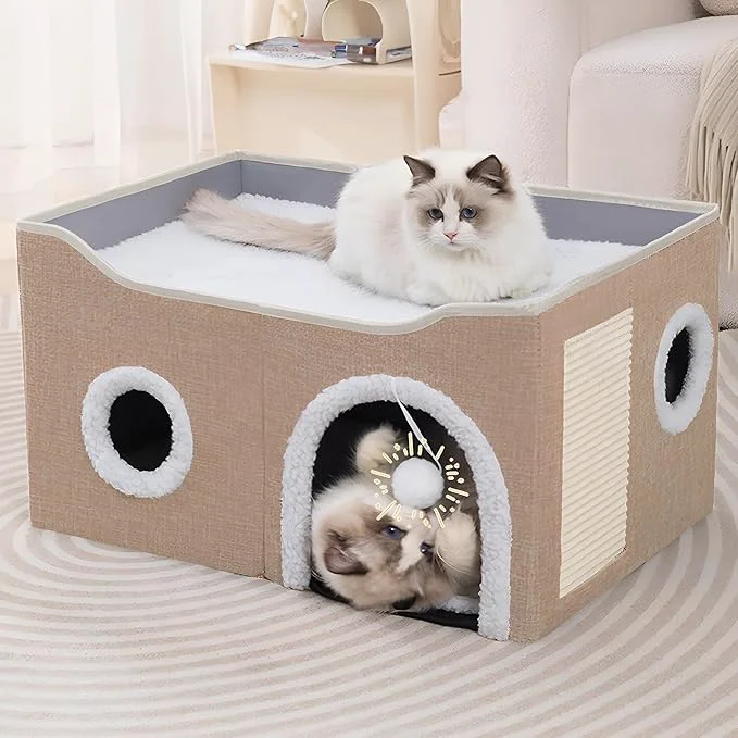 Trusted Cat Houses for Indoor Cats – Large Cat Bed Cave with Scratch Pad and Fluffy Ball Foldable Cat Condo Hideaway with Reversible Cushion for Multi Small Pet KhakiAbout ThisOverview Stylish