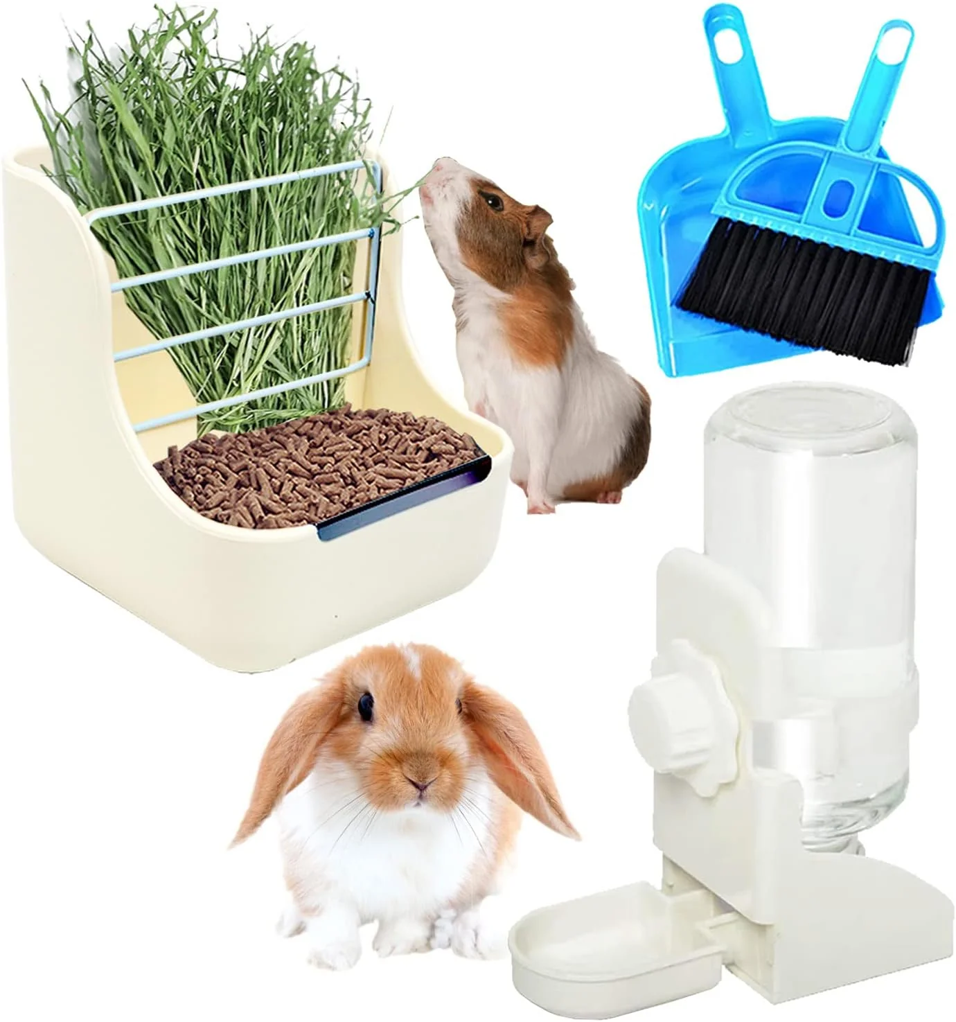Selected HERCOCCI Rabbit Hay Food Bin Feeder and Bunny Water Bottle Set Hay Food Feeder Bowls Manger Rack with 500ml Hanging Water Dispenser Prevent Knock Over for Rabbit Guinea Pig Chinchilla Large White Soft