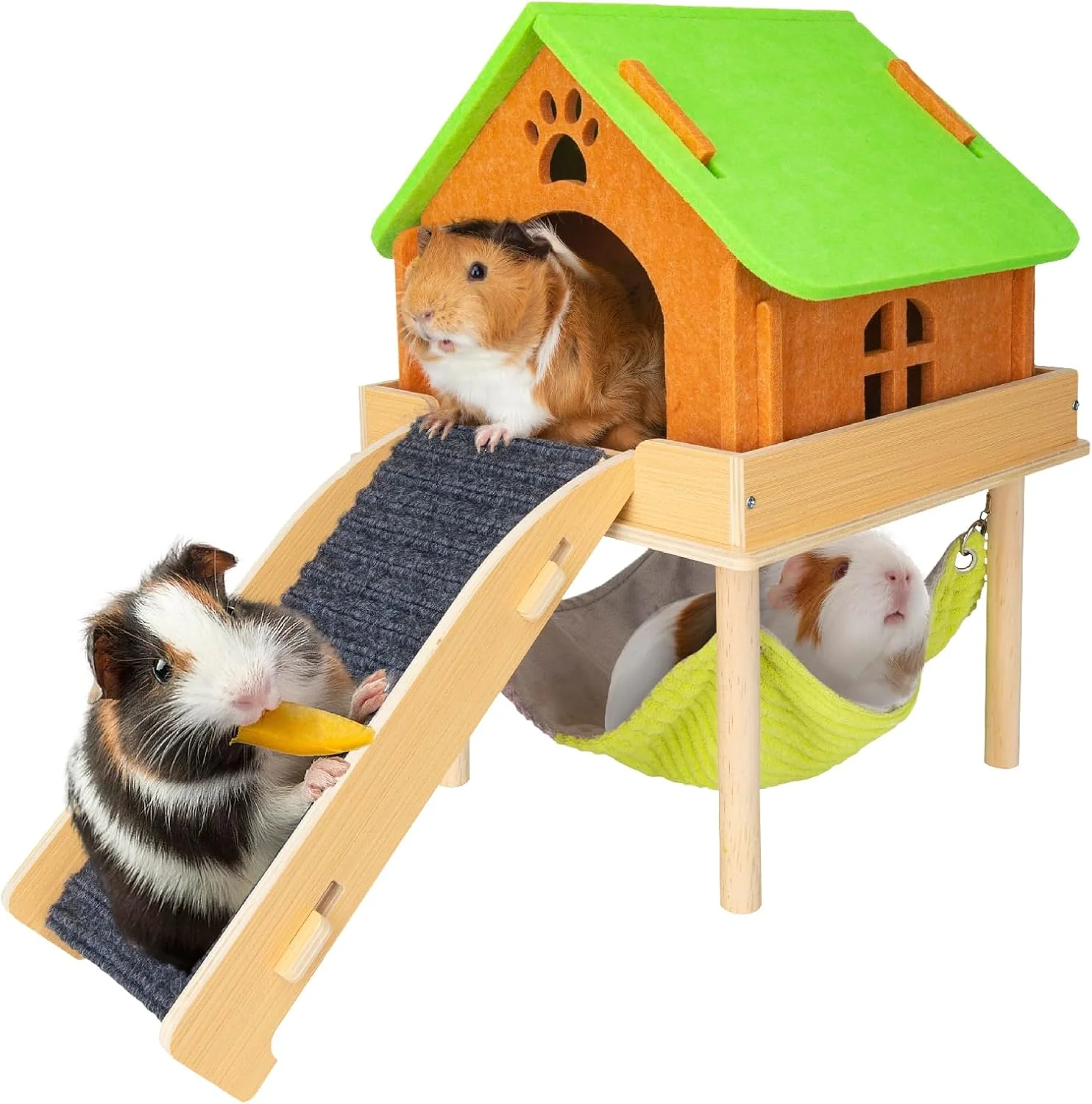 World-Class 3 in 1 Enlarged Guinea Pig Hammock with House Platform Wooden Guinea Pig Hideout with Hammock Stairs Small Animal Toys for Hiding Sleeping Activities Dependable