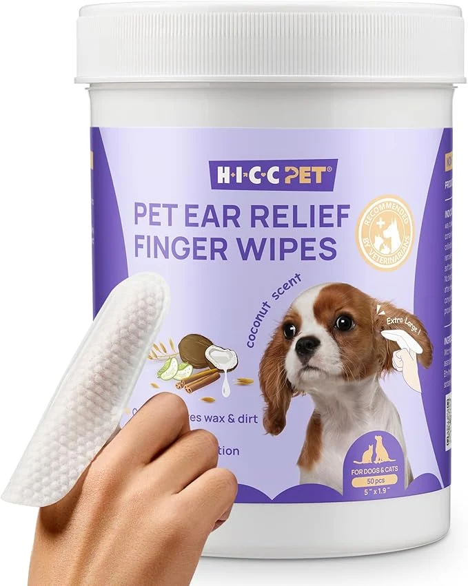 Enhanced HICC PET Ear Cleaner Finger Wipes for Dogs Cats Vet- Dog Ear Infection Treatment to Relief Itching Inflammation Remove Wax Dirt Stop Smelly Non-Irritating 50ct Coconut Scent About This Crafted