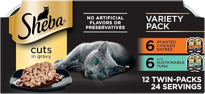 Genuine Sheba Portions Wet Cat Food Cuts in Gravy Cat Food Wet Recipe Sustainable Tuna Entree Roasted Chicken Entree 2.6 oz. Twin-Pack Trays 12 Count 24 Servings About This Crafted